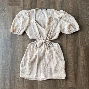 Zara Puff Sleeve Gauze Mini Dress Front Knot Textured Cottagecore Small